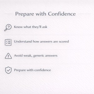 Pu&ograve; includere: Uno sfondo bianco con il testo "Prepare with Confidence" e punti elenco. I punti elenco includono "Sappi cosa chiederanno", "Comprendi come vengono valutate le risposte" ed "Evita risposte deboli e generiche".