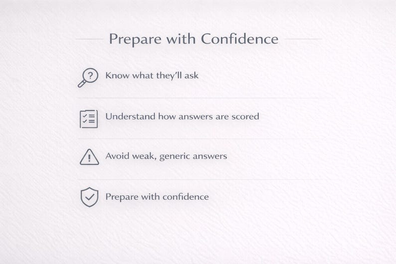 Pu&ograve; includere: Uno sfondo bianco con il testo "Prepare with Confidence" e punti elenco. I punti elenco includono "Sappi cosa chiederanno", "Comprendi come vengono valutate le risposte" ed "Evita risposte deboli e generiche".