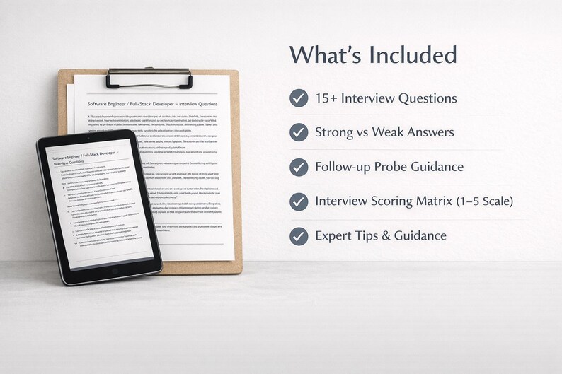 Pu&ograve; includere: Un tablet digitale e una cartella con documenti sono visualizzati. Il tablet mostra testo relativo alle domande del colloquio per un Software Engineer/Full Stack Developer. La cartella ha una carta con testo simile. L'immagine include anche un elenco di cosa &egrave; incluso.