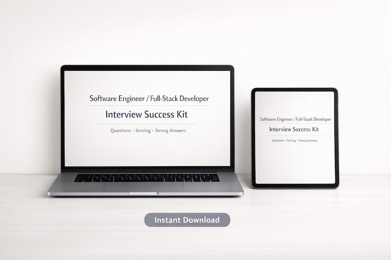 Pu&ograve; includere: Un laptop e un tablet mostrano il testo "Software Engineer / Full-Stack Developer Interview Success Kit". Il laptop &egrave; aperto e il tablet &egrave; a destra. La frase "Instant Download" &egrave; in basso.