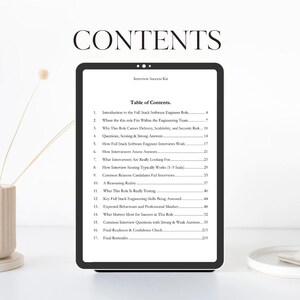 May include: A digital tablet displays a table of contents titled "Interview Success Kit." The list includes topics such as "Full Stack Software Engineer Role," "Interview Scoring," and "Common Interview Questions." The word "CONTENTS" is at the top.
