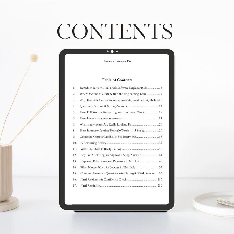 May include: A digital tablet displays a table of contents titled "Interview Success Kit." The list includes topics such as "Full Stack Software Engineer Role," "Interview Scoring," and "Common Interview Questions." The word "CONTENTS" is at the top.
