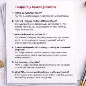 May include: A stack of white paper with the title "Frequently Asked Questions" in red. The text answers questions about a digital product, including how to receive files, who it's for, and refund policies. Gold paper clips, push pins, and a pen are also visible.