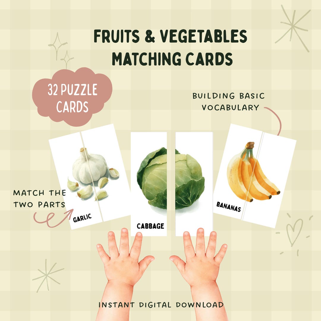 Tarjetas de emparejamiento de frutas y verduras para niños, actividad ...