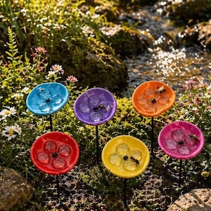 Colorful Bee Watering Station, Ceramic Safe Feeder, Outdoor Garden Decor, Butterfly Waterer with Landing Stones, Wildflower Yard Art Gift