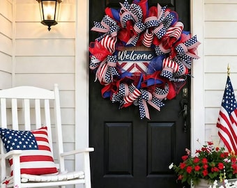 4th of July Patriotic Wreath, Red White Blue Ribbon Door Hanger, Stars Stripes Independence Day Decor, Summer Front Porch Welcome Sign