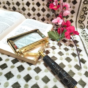 Vintage Brass Magnifying Glass – Rectangular Reading Lens with Carved Handle