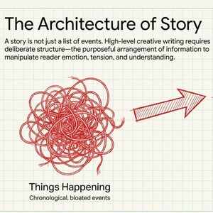 Könnte beinhalten: Eine Lehrgrafik mit dem Titel The Architecture of Story, die ein rotes Knäuel mit der Beschriftung Things Happening, einen roten Pfeil und eine blaue geodätische Kuppelstruktur mit der Beschriftung Narrative Design sowie einen gelben Notizzettel zeigt.