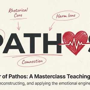 May include: A graphic featuring the word PATHOS in black, with a red heart replacing the letter O. A white EKG line runs through the heart. Arrows point to labels: Emotional Engine, Rhetorical Core, Harm Ione, Impact Point, and Connection.