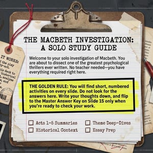 May include: A study guide titled The Macbeth Investigation: A Solo Study Guide on a clipboard with a red pen and four blank photo frames. The text includes instructions on how to use the guide and a highlighted box labeled The Golden Rule.