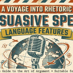 Peut inclure: Une affiche éducative au style vintage intitulée A VOYAGE INTO RHETORIC PERSUASIVE SPEECH LANGUAGE FEATURES. Elle présente un microphone argenté central devant un globe avec des avions et des icônes de boussole, encadrée par des bordures rayées rouge et bleu.
