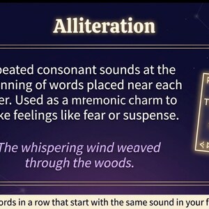 May include: An educational graphic titled Alliteration with a dark purple background. It defines alliteration as repeated consonant sounds at the beginning of words. It includes the example: The whispering wind weaved through the woods, and a note: A-letter-ation: The same starting letter strings together like a charm.