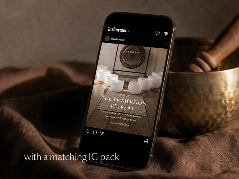 Visual of a phone on linen fabric next to a sound healing bowl and mallet, with retreat invite post on the screen with wording "the immersion retreat".