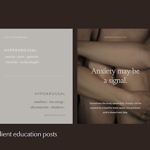 Two Instagram templates on dark brown background: educational post distinguishing hyperarousal from hypoarousal symptoms, and the other reading "Anxiety may be a signal". Text reads "made for stress, burnout, nervous system work".