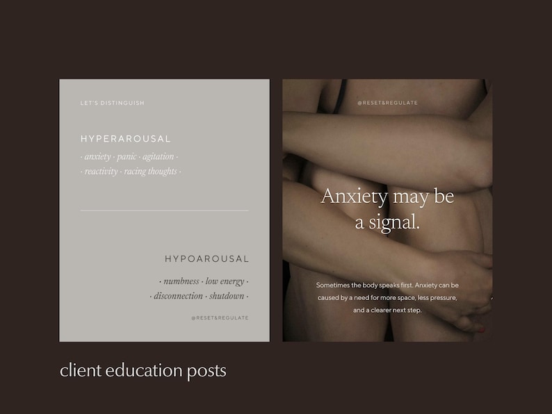 Two Instagram templates on dark brown background: educational post distinguishing hyperarousal from hypoarousal symptoms, and the other reading "Anxiety may be a signal". Text reads "made for stress, burnout, nervous system work".