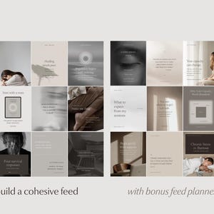 Two Instagram template grids showing nine posts each, arranged in a cohesive grid layout, demonstrating how the templates work together on an Instagram profile. Text reads "build a cohesive feed with bonus feed planner".