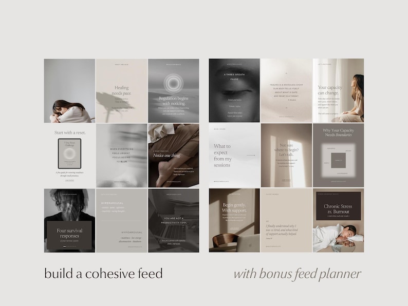 Two Instagram template grids showing nine posts each, arranged in a cohesive grid layout, demonstrating how the templates work together on an Instagram profile. Text reads "build a cohesive feed with bonus feed planner".