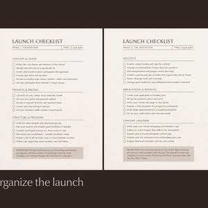 Three Launch Checklist pages displayed on dark background, with text overlay "organize the launch".