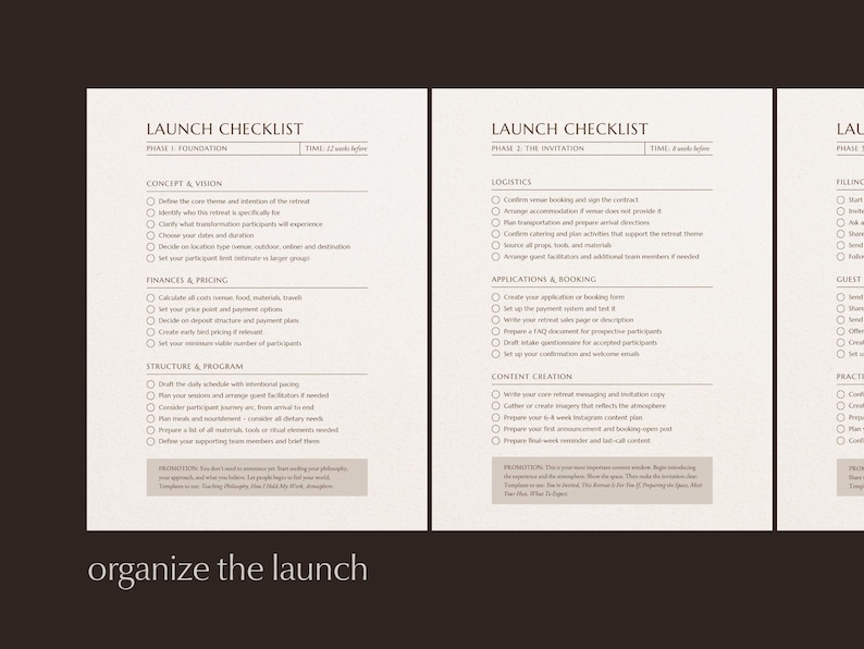 Three Launch Checklist pages displayed on dark background, with text overlay "organize the launch".