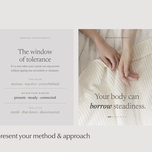 Two Instagram templates: a "Window of Tolerance" nervous system diagram, and a carousel cover post reading "Your body can borrow steadiness" over a photograph of hands on a blanket. Text reads "present your method and approach".
