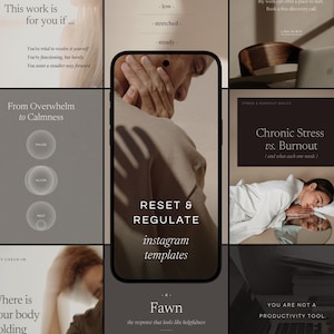 Instagram Templates for nervous system regulation, stress, and burnout coaches displayed on a phone mockup, surrounded by a grid of coaching Instagram posts in warm taupe and charcoal tones.