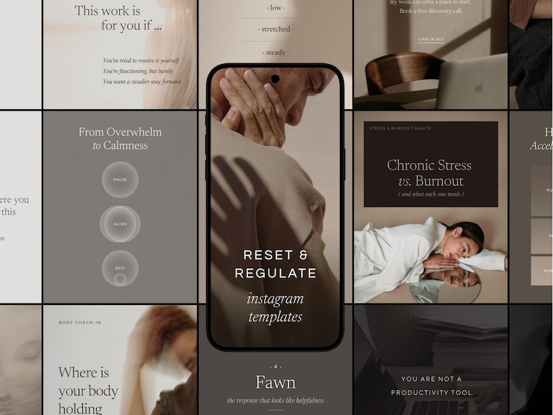 Instagram Templates for nervous system regulation, stress, and burnout coaches displayed on a phone mockup, surrounded by a grid of coaching Instagram posts in warm taupe and charcoal tones.