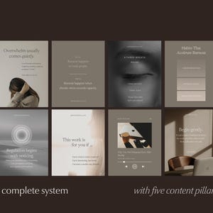 Eight Instagram templates for burnout, stress, and nervous system regulation coaches, including a validation post, a myth versus truth post, a breathing practice, a regulation diagram, book a discovery call post, and a podcast announcement post. Text reads 'a complete system with five content pillars.