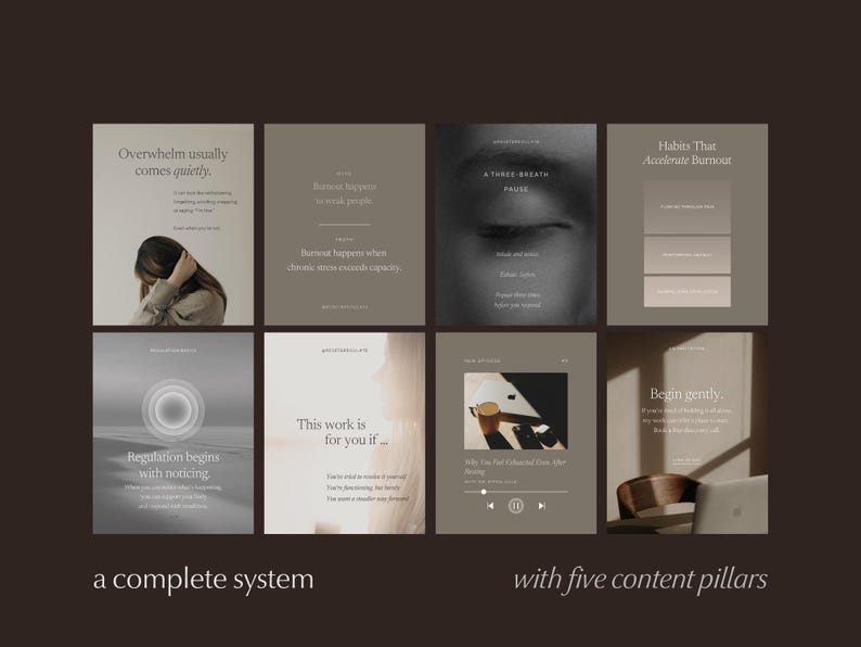 Eight Instagram templates for burnout, stress, and nervous system regulation coaches, including a validation post, a myth versus truth post, a breathing practice, a regulation diagram, book a discovery call post, and a podcast announcement post. Text reads 'a complete system with five content pillars.