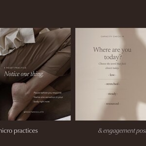 Two Instagram templates for somatic and regulation coaches on dark background: a body-based reset practice reading "Notice one thing", and a capacity check-in post asking "Where are you today?" with response options. Text reads "micro practices and engagement posts".