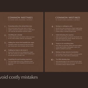 Two brown pages showing list of ten common mistakes to avoid when planning a retreat, displayed on dark background.