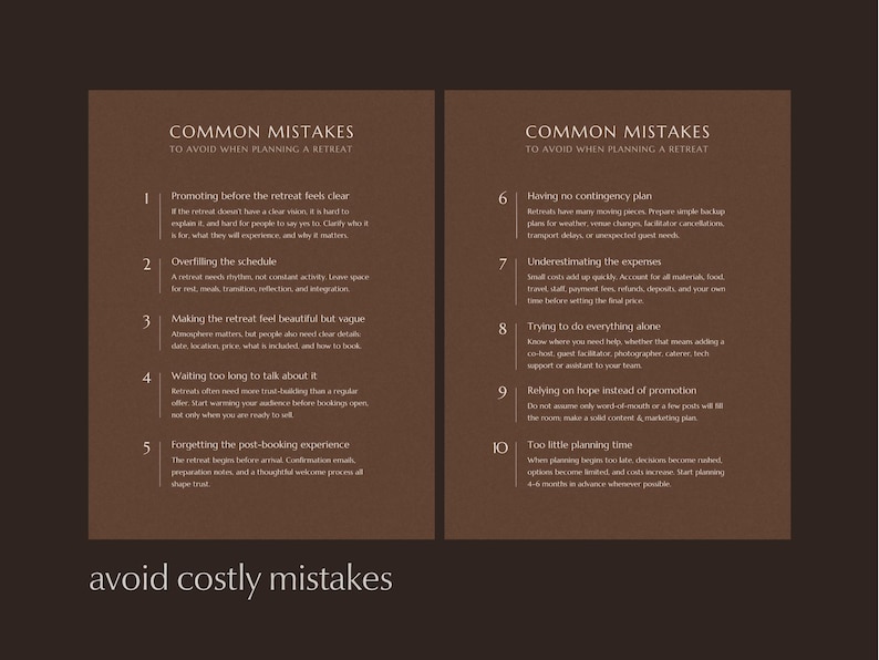 Two brown pages showing list of ten common mistakes to avoid when planning a retreat, displayed on dark background.