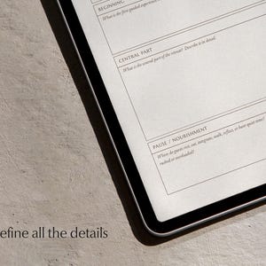 Closeup of Flow map worksheet displayed on tablet laying on beige earthy surface, with text overlay "define all the details".