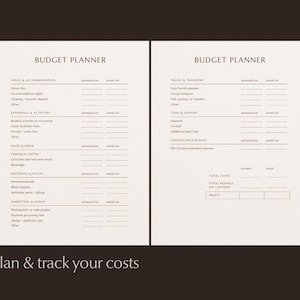 Preview of the Budget planner pages from the Retreat Planning Guide, displayed on dark background with text overlay "plan and track your costs".