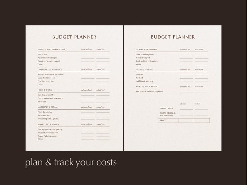 Preview of the Budget planner pages from the Retreat Planning Guide, displayed on dark background with text overlay "plan and track your costs".