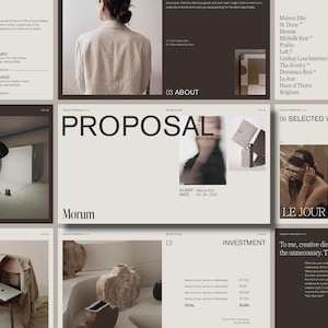 Op de afbeelding: Een digitaal projectvoorstel-sjabloon met een neutraal kleurenpalet van beige, crème en donkerbruin. De lay-out bevat secties met de titels PROPOSAL, ABOUT en SELECTED WORKS, inclusief typografie, fotografie en tekst.