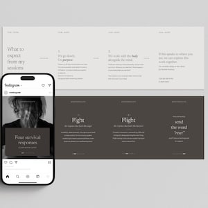 Two multi-slide Instagram carousels, one titled "How I Work" shown flat alongside a "Four Survival Responses" carousel post on a phone, displaying how the carousel appears when scrolling on Instagram.