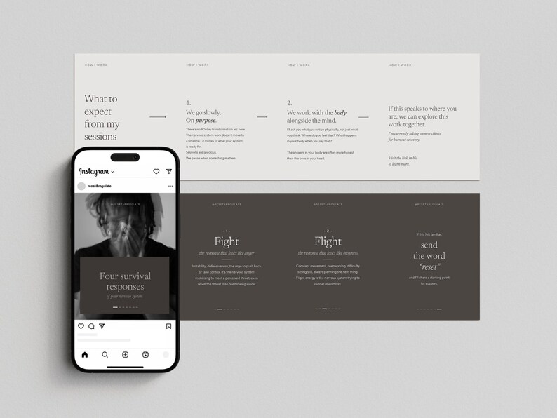 Two multi-slide Instagram carousels, one titled "How I Work" shown flat alongside a "Four Survival Responses" carousel post on a phone, displaying how the carousel appears when scrolling on Instagram.