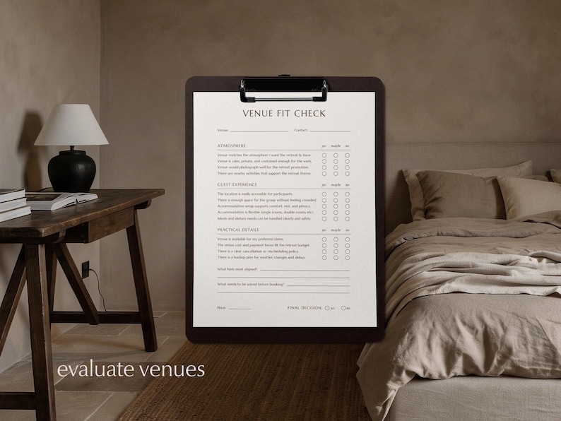 Visual of earthy luxurious retreat accomodation bedroom interior, with Venue evaluation checklist page displayed on a paper holder with metal clamp.