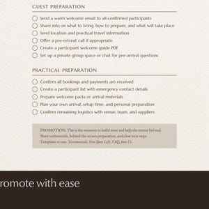 Closeup of retreat promotion page with tips for retreat marketing, displayed on dark background with text "promote with ease".