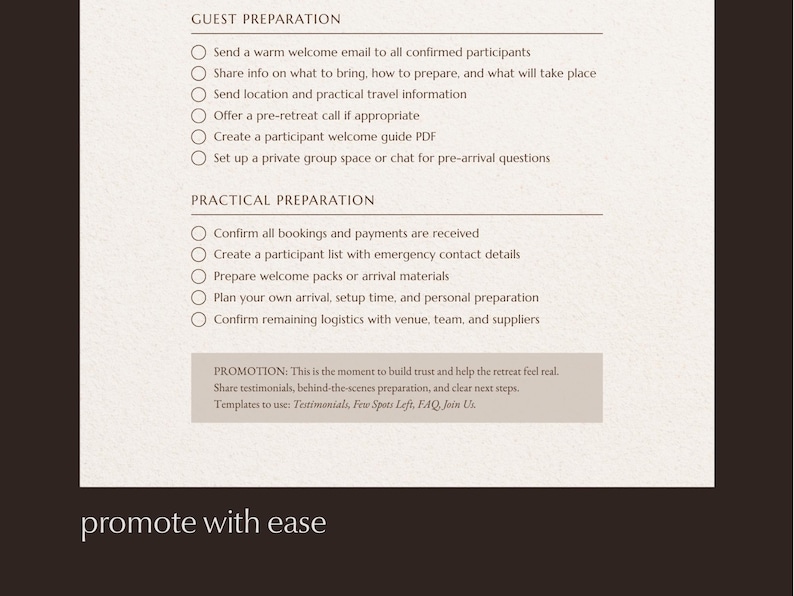 Closeup of retreat promotion page with tips for retreat marketing, displayed on dark background with text "promote with ease".
