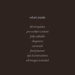 Gray text on dark brown background listing what the pack contains: 80 templates, pre-written content, fully editable, diagrams, carousels, feed planner, tips and instructions, all images included.