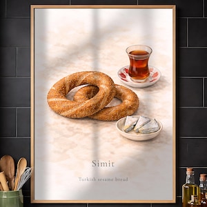 May include: A framed print featuring Turkish sesame bread, simit, with a glass of tea and a small dish of cheese. The print includes the word "Simit" and the text "Turkish sesame bread". The simit is a golden brown color and covered in sesame seeds.