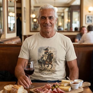 May include: A beige short-sleeved t-shirt featuring a graphic print of a soldier on horseback holding a sword, with the text "À la pointe!" printed below the illustration. The design depicts a historical military figure in uniform.