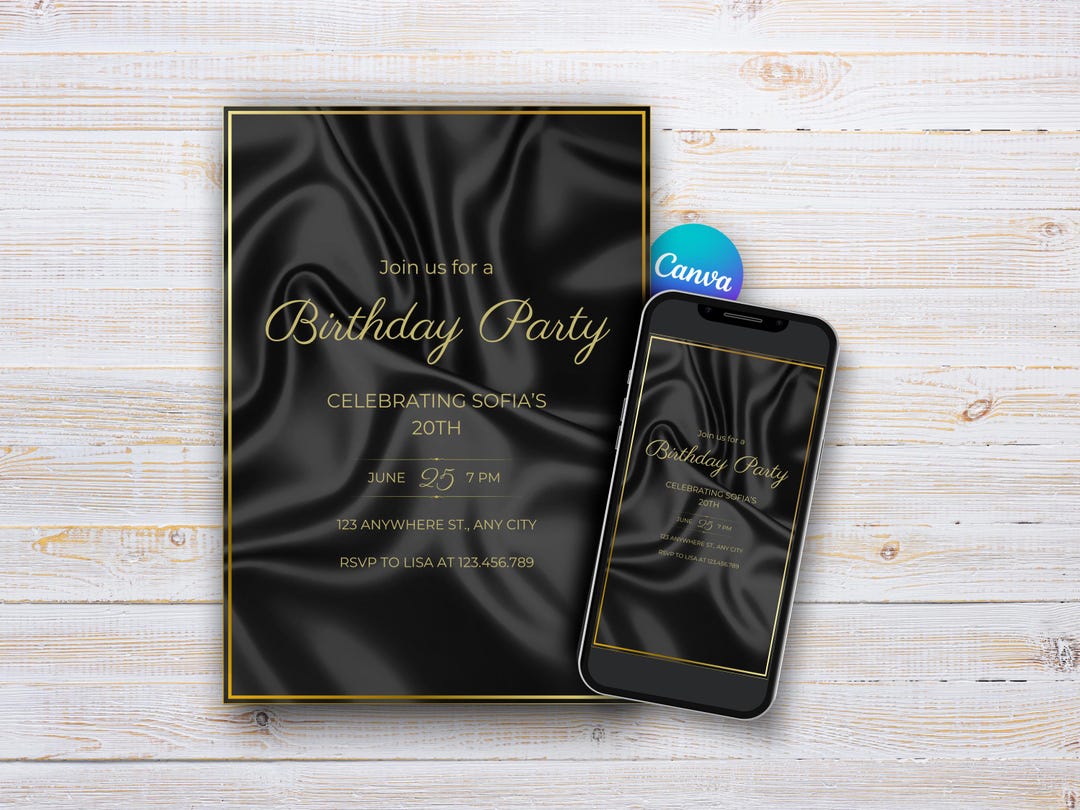 Elegant Gold and Black Birthday Invitation Template, Modern Invite ...