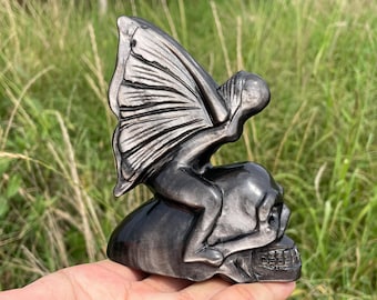 4,7-Zoll-Natürliche rohe Matrix Silber Obsidian Engel Schädel Hand geschnitzte Kristallhalter Meditation Dekor Geschenk