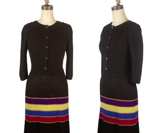 1940s Bright Color Block Knit Dress on Black Background