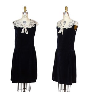 1920s Dress Black Velveteen Flapper Dress with White Lace Collar image 1