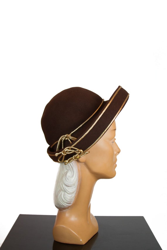 1940s Hat ~ Gold Cord Trimmed Brown Wool Roller Be