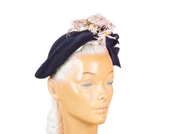 1940s Hat ~ Navy Blue Net Crown Millinery Flower Hat Crown