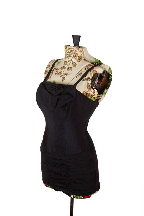 1950s Swimsuit ~ Black Ruched Pleated Bust Rose Ma